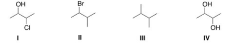 Which of the following compounds can have a meso stereoisomer?   A) I B) II C) III D) IV