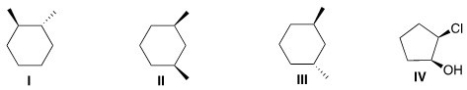 Which of the following cyclic molecules is a meso compound?   A) I B) II C) III D) IV