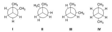 Rank the conformers of butane in order of decreasing stability,putting the most stable first.   A) IV > I > II > III B) IV > I > III > II C) II > III > I > IV D) I > IV > II > III