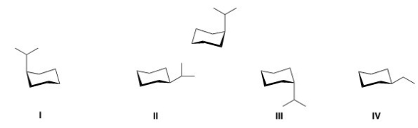 What is the alternate chair conformation of the following compound?   A) I B) II C) III D) IV