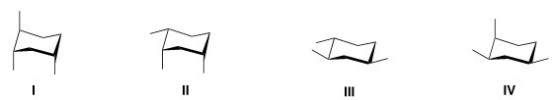 Rank the conformers of 1,2,4-trimethylcyclohexane in order of decreasing stability,putting the most stable first.   A) I > II > III > IV B) III > II > IV > I C) III > IV > II > I D) I > II > IV > III
