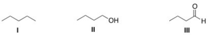 Rank the following compounds in order of increasing strength of intermolecular forces,putting the molecule with the weakest intermolecular force first.   A) I < II < III B) II < I < III C) I < III < II D) II < III < I