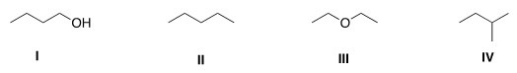 Which of the following compounds has the lowest boiling point?   A) I B) II C) III D) IV