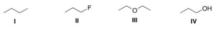 Which of the following compounds is expected to be the least soluble in H<sub>2</sub>O?   A) I B) II C) III D) IV