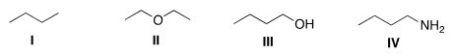 Which of the following compounds would be expected to be more soluble in hexane (C<sub>6</sub>H<sub>14</sub>) ?   A) I B) II C) III D) IV