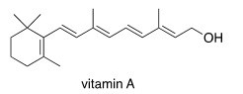 Which of the following statements about vitamin A,drawn below,is true?   A) Vitamin A is soluble in H<sub>2</sub>O. B) Vitamin A is insoluble in organic solvents. C) Vitamin A contains an aromatic ring. D) Vitamin A is insoluble in H<sub>2</sub>O.