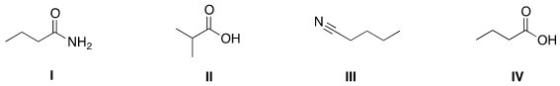 Rank the following compounds in order of decreasing boiling point,putting the compound with the highest boiling point first.   A) I > III > IV > II B) IV > II > I > III C) IV > I > II > III D) I > IV > II > III