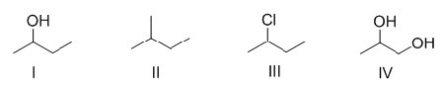 Rank the following compounds in order of increasing strength of intermolecular forces.   A) I > III > IV > II B) IV > II > I > III C) IV > I > III > II D) I > IV > II > III