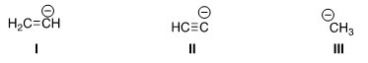 Rank the following conjugate bases in order of decreasing basicity,putting the most basic first.   A) II > I > III B) I > II > III C) III > I > II D) III > II > I
