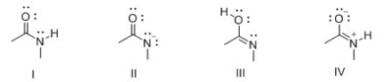 Consider the following structures I-IV.Which two species represent a conjugate acid-base pair?   A) I and II B) I and III C) I and IV D) II and III