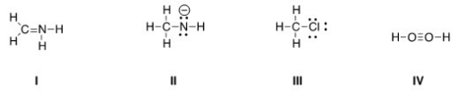 Which of the following Lewis structures is correct?   A) I,II B) I,III C) II,III D) III,IV