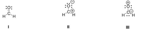 Rank the following in order of decreasing importance as contributing structures to the resonance hybrid of formaldehyde,H<sub>2</sub>CO.   A) I > II > III B) I > III > II C) II > I > III D) III > II > I