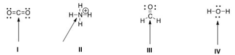 Determine the geometry around the indicated atom in each species.   A) I = Linear; II = tetrahedral; III = trigonal planar; IV = tetrahedral B) I = Linear; II = tetrahedral; III = trigonal planar; IV = linear C) I = Trigonal planar; II = linear; III = tetrahedral; IV = trigonal planar D) I = Tetrahedral; II = trigonal planar; III = linear; IV = tetrahedral