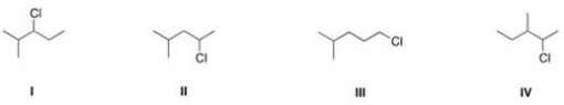 Which of the following is the appropriate conversion of (CH<sub>3</sub>) <sub>2</sub>CHCH<sub>2</sub>CHClCH<sub>3</sub> to a skeletal structure?   A) I B) II C) III D) IV