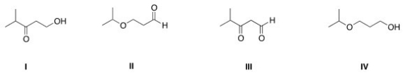 Which of the following is the appropriate conversion of (CH<sub>3</sub>) <sub>2</sub>CHOCH<sub>2</sub>CH<sub>2</sub>CH<sub>2</sub>OH to a skeletal structure?   A) I B) II C) III D) IV