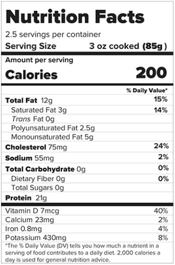 Examine the Nutrition Facts panel for wild Alaskan salmon. True or false: Wild Alaskan salmon is a rich (high) source of vitamin D.
