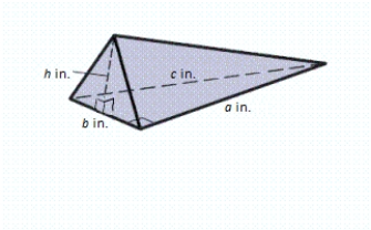 Find the volume of the solid correct to the nearest unit. ​ ​a​ = 4​, b​ = 15, ​c​ = 15.524175, ​h​ = 6. ​   ​ A)  180 in <sup>3</sup> B)  360 in <sup>3</sup> C)  60 in <sup>3</sup> D)  233 in <sup>3</sup> E)  62 in <sup>3</sup>