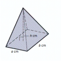 Find the volume of the solid correct to the nearest unit. ​a​ = 4, ​b​ = 7, ​h​ = 9. ​   ​ A)  99 cm <sup>3</sup> B)  252 cm <sup>3</sup> C)  84 cm <sup>3</sup> D)  28 cm <sup>3</sup> E)  126 cm <sup>3</sup>