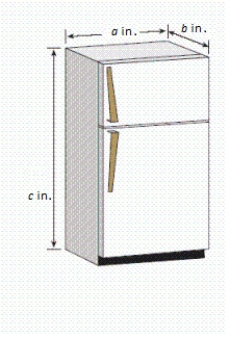 Find the volume of the refrigerator, when ​a​ = 34, ​b​ = 30, ​c​ = 60. Round your answer to the nearest hundredth. ​   ​ __________ ft<sup>3</sup>