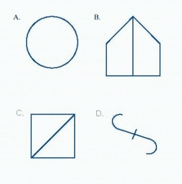 Group the figures into classes so that all the elements within each class are topologically equivalent, and no elements from different classes are topologically equivalent.   A)  A; B and C; D B)  A and C; B; D C)  A and B; C; D D)  A and D; B; C E)  B and C; B; D