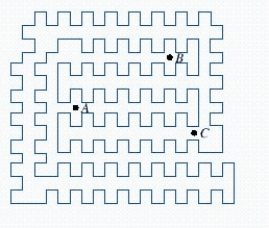 Determine whether each of the points A, B, and C is inside or outside of the simple closed curve.   A)  B and C are outside, A is inside B)  A and B are outside, C is inside C)  A and C are outside, B is inside D)  A is outside, B and C are inside E)  All are outside