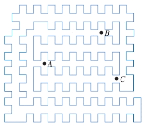 Determine whether each of the points A, B, and C is inside or outside of the simple closed curve. ​   1. Point C 2. Point A 3. Point B a. outside b. inside ​ -C
