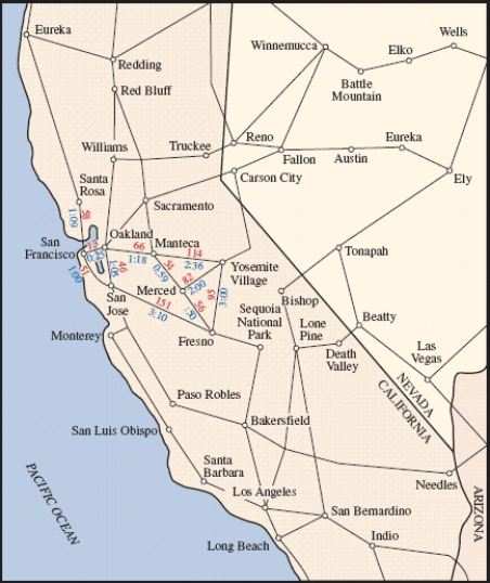 The map in figure shows driving distances and times between California and Nevada cities. Use Kruskal's algorithm to find the minimum spanning tree for the following cities: Santa Rosa, San Francisco, Oakland, Manteca, Yosemite Village, Merced, Fresno, and San Jose.   A)  426 mi B)  211 mi C)  370 mi D)  786 mi E)  375 mi
