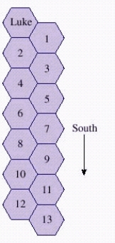 On a planet far, far away, Luke finds himself in a strange building with hexagon-shaped rooms as shown in the figure below. In his search for the princess, he always moves to an adjacent room and always in a southerly direction. How many paths are there to room 13? ​   ​ A)  381 paths B)  378 paths C)  375 paths D)  377 paths E)  256 paths