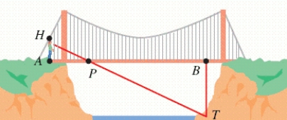 Suppose a 6-ft person wishes to determine the height of a bridge above the bottom of a canyon, as shown in the figure below. To do this, this person stands at one end of the bridge (point A) and looks down to a point directly below the other end (point B). With the help of a companion, point P is determined to form two triangles. Find the distance to the bottom of the canyon, if   ft and   ft. ​   ​ __________ ft