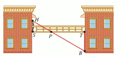 Suppose a 5-ft person wishes to determine the height of a footbridge connecting two buildings, as shown in the figure below. To do this, this person stands at one end of the bridge (point S) and looks down to a point directly below the other end (point T). With the help of a companion, point P is determined to form two triangles. Find the height of the footbridge, if   ft and   ft. ​   ​ __________ ft