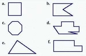 Name the polygons shown in the figure according to the number of sides. Which of them is a triangle?   A)  Figure a B)  Figure b C)  Figure f D)  Figure c E)  Figure d F)  Figure e