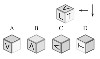 Study the examples. The arrows indicate the direction(s)  that the given cube has been rotated 90°. Pick the cube illustrating the appropriate rotations. ​ Rotating a cube. ​   ​ Rotation: to the left, downward ​   ​ A)  A B)  D C)  B D)  C