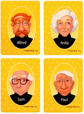 The figure shows some faces from the  Guess Who?  game. Decide whether the statement is true or false. ​ There is one face that has glasses. ​  