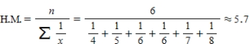 The mean is sometimes called the arithmetic mean to distinguish it from other possible means. For example, a different mean, called the harmonic mean (H.M.) , is used to average speeds. This mean is defined to be the sum of the reciprocals of all scores divided into the number of scores. For example, the harmonic mean of the numbers 4, 5, 6, 6, 7, 8 is ​   ​ Find the arithmetic mean and the harmonic mean of the numbers 2, 2, 4, 4, 7, 8, 8, 9, 9, and 10. ​ Round your answers to the nearest hundredth. ​ A)    B)    C)  ​   D)  ​   E)  ​  
