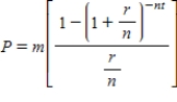 Use a calculator to evaluate the present value of an annuity formula for the values of the variables ​m ​= $150, ​r​ = 7%, ​n​ = 12, and ​t​ = 5 years. ​   ​ Please round the answer to the nearest cent. ​ $ __________