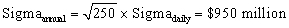  a. To satisfy a risk target of 20%, the needed capital X was such that: 20% = Sigma<sub>annual</sub>/Needed capital = 950/X, X = $4.750 billion. So, LTCM could reimburse an excess capital of $7.5 - $4.75 = $2.75 billion. b. The daily expected profit is $3 million and the daily dollar standard deviation is $60. Var<sub>daily</sub> @ 5% = 3 - 1.645 * 60 = $95.7 million. Var<sub>daily</sub> @ 1% = 3 - 2.326 * 60 = $136.6 million. c. The annual expected profit is $750 million and the annual dollar standard deviation is $950. Var<sub>annual</sub>(5%) = 750 - 1.645 *950 = $812.75 million. Var<sub>annual</sub>(1%) =750 - 2.326 *950 =$1459.7 million. LTCM had only a 1% probability to lose more than $1.46 billion. d. The total variance is 10 times the variance of each trade, so the daily sigma is:  \mathrm { Sigma } _ { \text {dxikf } } = \sqrt { 10 \times 19 ^ { 2 } } = \sqrt { 3610 } = \$ 60 \text { million }  . The annual sigma is equal to the daily sigma times the square root of the number of trading days in a year (250 days):   . e. The risks are additive if the correlation is equal to one. So, the daily sigma is now:  \text { Sigma } _ { \text {daily } } = 19 \times 10 = \$ 190 \text { million. }  The annual sigma is:  \operatorname { Sigma } _ { \text {axrode } } = \sqrt { 250 } \times 190 = \$ 3.004 \text { billion. }  f. VaR<sub>annual</sub>(1%) = 0 - 2.326 =3004 = $ 6.987 billion. In reality, LTCM got into serious problems in 1998 because it turned out that the risk on many of its positions became strongly correlated. LTCM was profiting on its arbitrage because it was providing liquidity (it was pocketing the liquidity premium). When liquidity dried up in the summer of 1998 following the Russian crisis, all LTCM trades showed a loss. (See Case: Long-Term Capital Management, L.P. (C), Harvard Business School, Case 9-200-009, November 5, 1999.) 