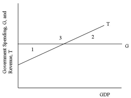 Use the graph for questions   -**Consider the graph where G represents government spending and T represents government revenue.A budget deficit would be associated with areas)  A) 1 B) 2 C) 3 D) 1 and 3