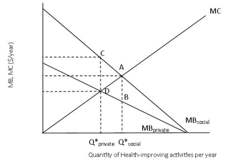 Use the graph below to answer questions  -**Which of the following represents the positive externality associated with health-improving activities? A) The distance between point A and B B) The distance between B and D C) The distance between D and C D) The distance between C and A