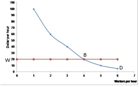 Use the graph to answer questions   -Identify where hiring will decrease profits. A) To the left of point B B) To the right of point B C) At point B D) Any point on W