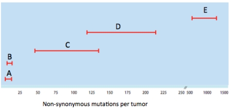 In the figure below, which of the following are A to E likely to represent? chronic lymphocyte leukemia; melanoma; medulloblastoma; microsatellite instability (MSI)-positive colorectal cancer; MSI-negative colorectal cancer.  