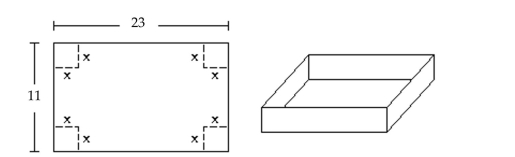  Solve the problem. -A box with an open top is to be constructed from a rectangular piece of cardboard with dimensions 11 inches by 23 inches by cutting out equal squares of side x at each corner and then folding up the sides as in the figure. Express the volume V of the box as a function of x.    A)   V ( x )  = x ( 11 - 2 x )  ( 23 - 2 x )   B)   V ( x )  = x ( 11 - x )  ( 23 - x )   C)   V ( x )  = ( 11 - 2 x )  ( 23 - 2 x )   D)   V ( x )  = ( 11 - x )  ( 23 - x ) 