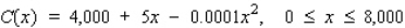The total weekly cost (in dollars) incurred by a company in pressing x compact discs is   . Round answers to the nearest cent. What is the actual cost incurred in producing the 1,001<sup>st</sup> disc? $__________ What is the actual cost incurred in producing the 2,001<sup>st</sup> disc? $__________ What is the marginal cost when   ? $__________ What is the marginal cost when   ? $__________