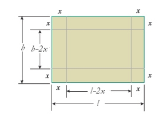 By cutting away identical squares from each corner of a rectangular piece of cardboard and folding up the resulting flaps, an open box can be made.If the cardboard is 17 in.long and 7 in.wide and the square cutaways have dimensions of x in.by x in., find a function giving the volume of the resulting box.   A)    B)    C)    D)    E)   