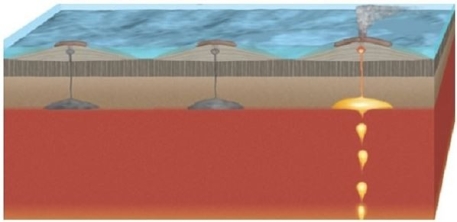   How is this chain of volcanic islands forming? A) A tectonic plate is being subducted and partially melted, producing magma that rises to create a volcanic chain. B) Two tectonic plates are pulling apart, creating magma through decompression melting. C) A tectonic plate is moving over a mantle plume, which burns through the plate to create a chain of volcanoes. D) Tectonic plates are sliding past each other, generating magma, which creates a volcano.