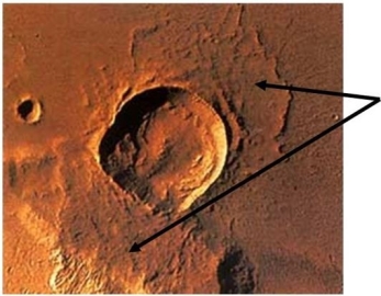   What impact crater feature is highlighted with the arrows in this image? A) Central peak B) Ejecta C) Crater ray D) Secondary crater chain