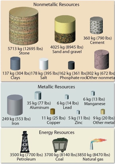  This image shows the annual per capita consumption of various economically important materials.Based on this figure, which of the following categories does the average American consume the most from every year? A) Nonmetallic resources B) Metallic resources C) Energy resources