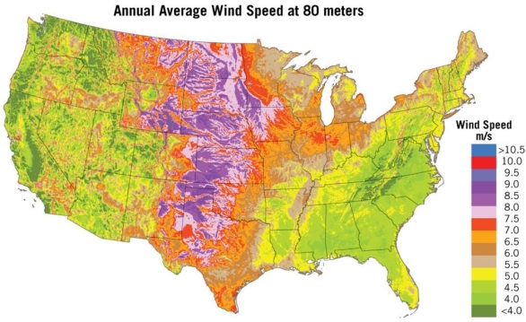   Large wind systems require average wind speeds greater than or equal to 6 m/sec.Which of the following regions would be best suited for wind power? A) Georgia B) Wisconsin C) Florida D) Washington