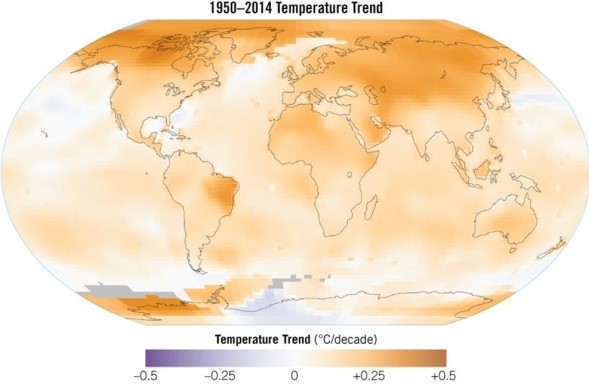   Which of the following locations experienced a cooling climate during the period from 1950-2014? A) Eastern Brazil B) Off the coast of Antarctica C) North Central Canada D) Northern Asia