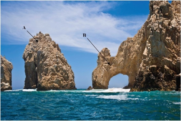   What erosional features, marked A and B, are visible in this figure? A) Feature A is a headland and B is a sea cave. B) Feature A is a spit and B is a Baymouth bar. C) Feature A is a stack and B is a sea arch. D) Feature A is a wave-cut bench and B is a spit.