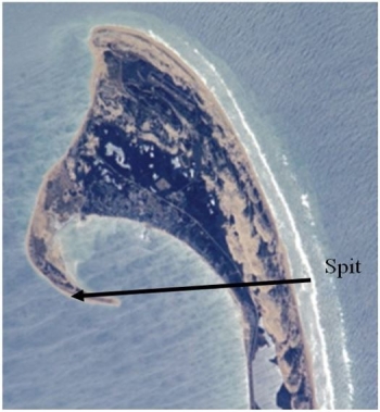   This image contains a spit, which is identified by an arrow.(The arrow is only for identification purposes.) Using the shape of the spit, from which direction is the longshore current coming? Assume for our purposes that the top of the figure is north. A) From west to east B) From north to south C) From north to west D) From south to east